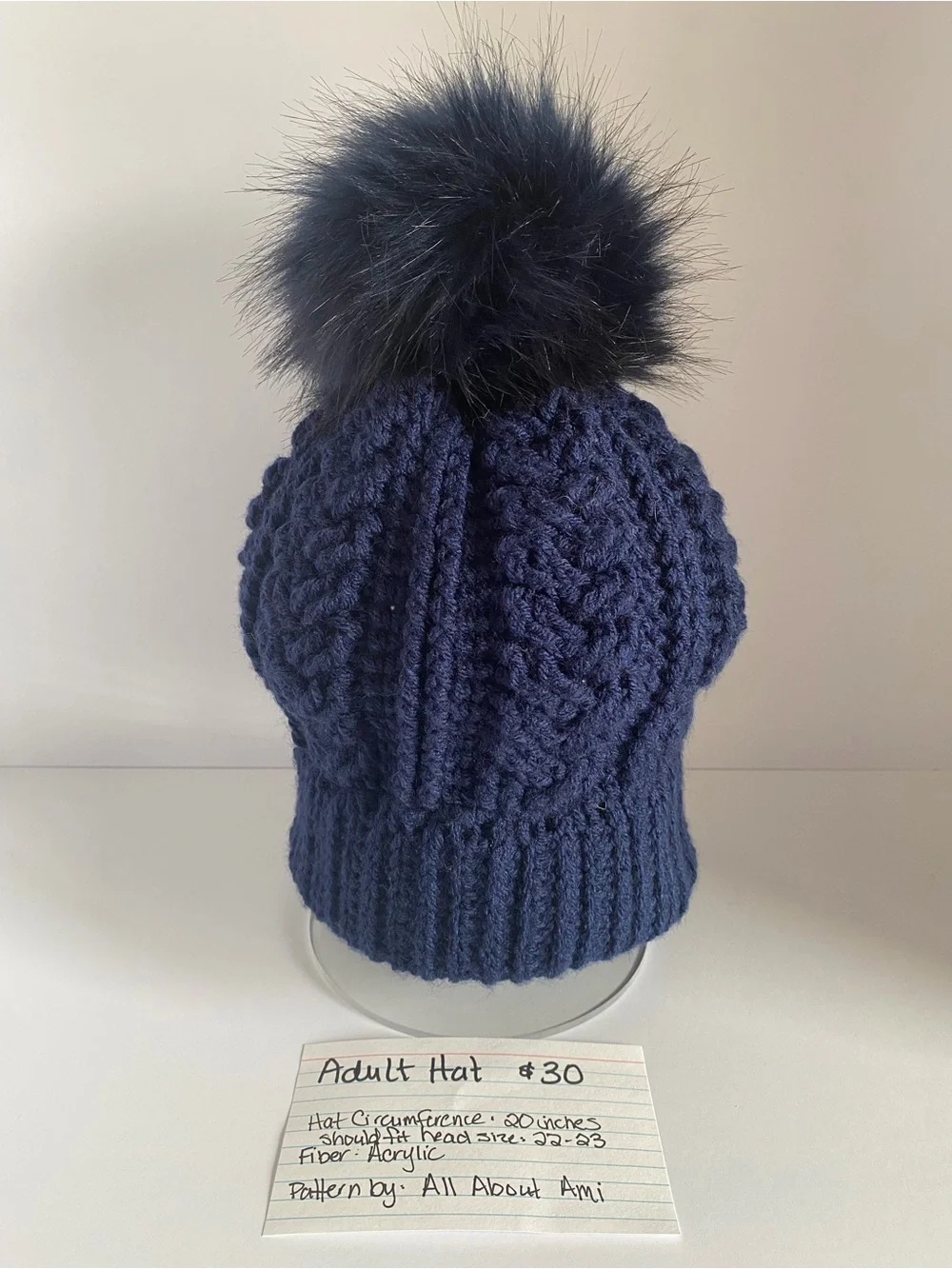 Adult Navy Cable Crochet Pom Beanie